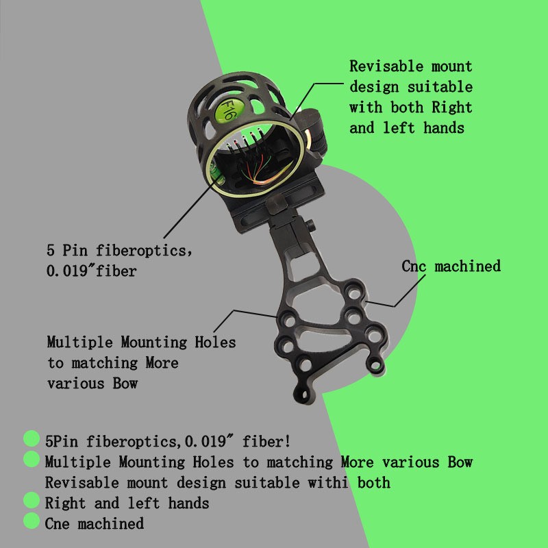 Compound Bow Sight 5 Pin Fiber Optic - Mira para Arco Composto F16 Ajustável